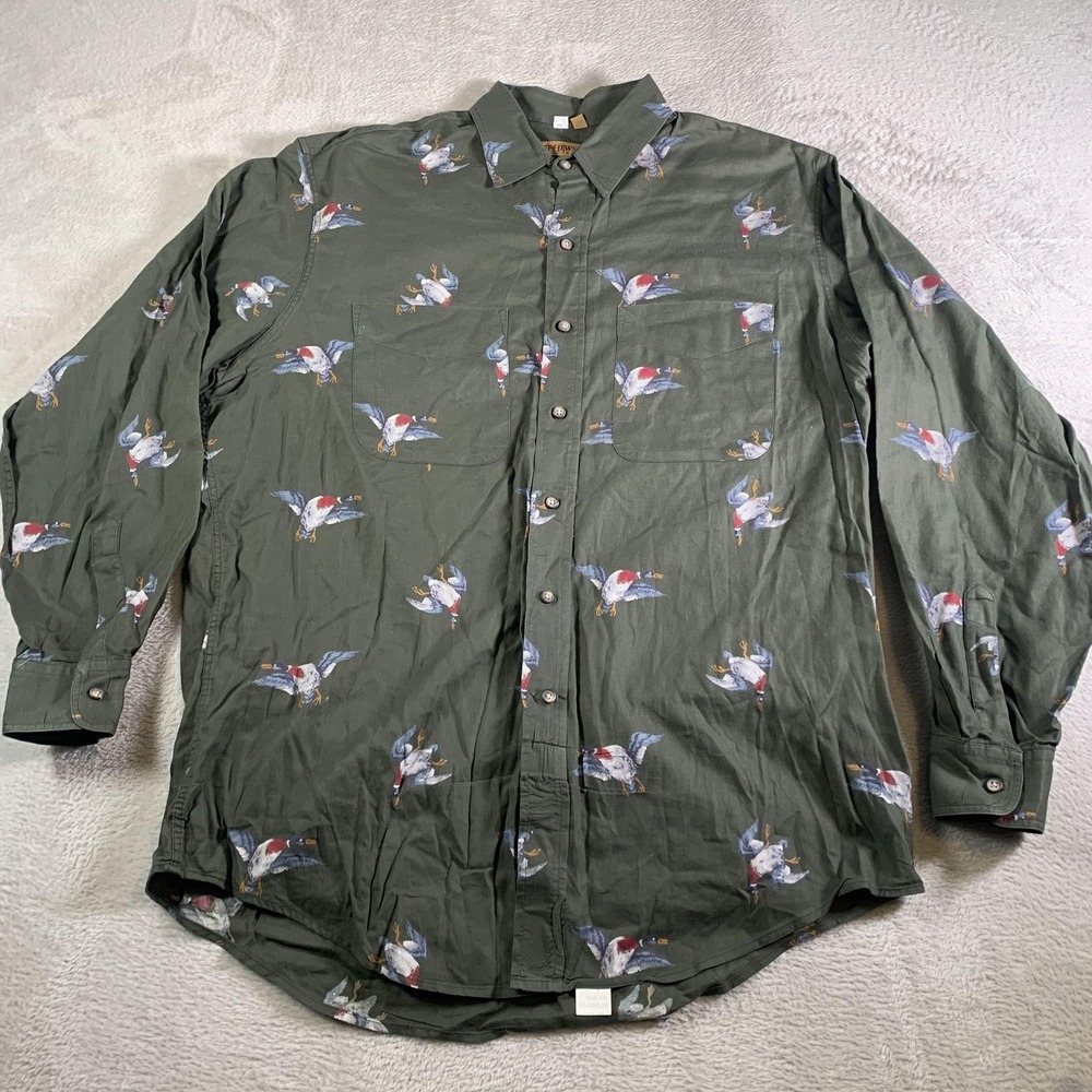 VTG Ruff Hewn Shirt Mens Large Green Duck Hunting Long Sleeve Button Up Made USA